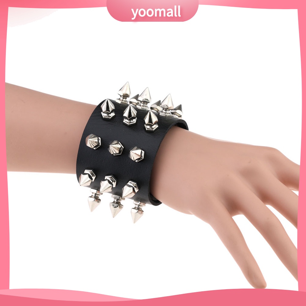 [YM] Vòng Tay Giả Da Đính Đinh Tán Mũi Nhọn Ba Đường Kẻ Bằng Thép Không Gỉ Punk