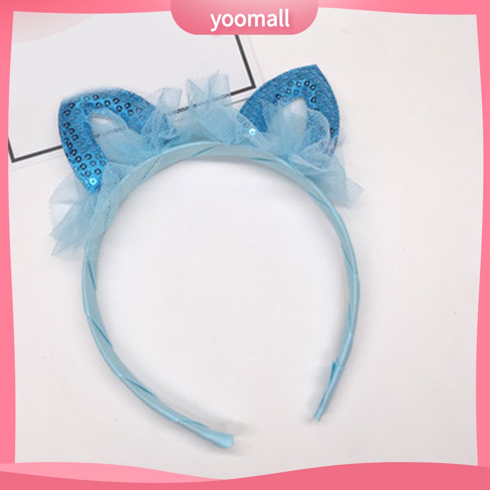 Băng Đô Cài Tóc Hình Tai Mèo Bằng Vải Gạc Đính Kim Sa Dễ Thương Cho Bé Gái