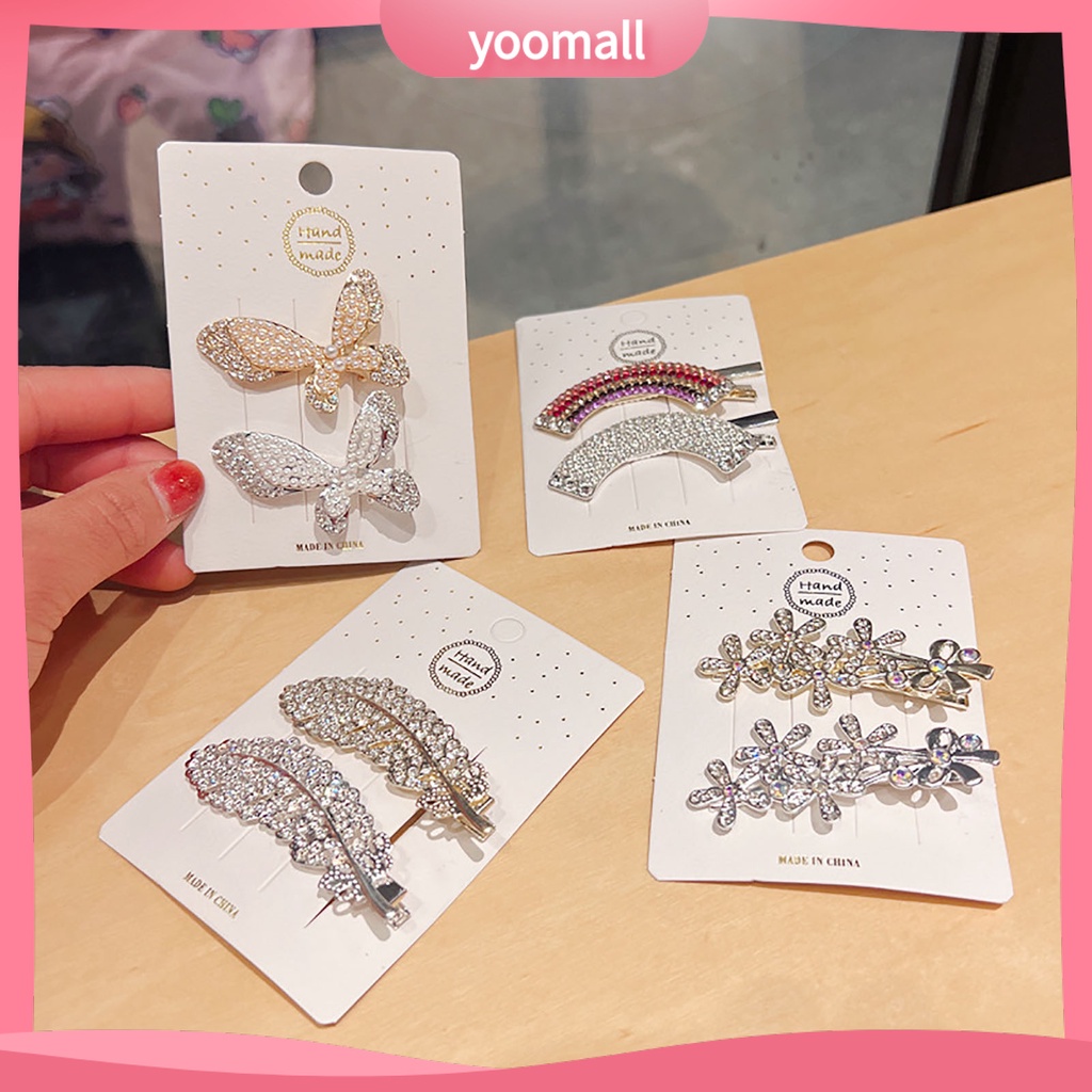 Bộ 2 Kẹp Tóc Hình Hoa Bướm / Lông Vũ Bằng Kim Loại Siêu Nhẹ Màu Sắc Lấp Lánh Chống Trượt Cho Nữ