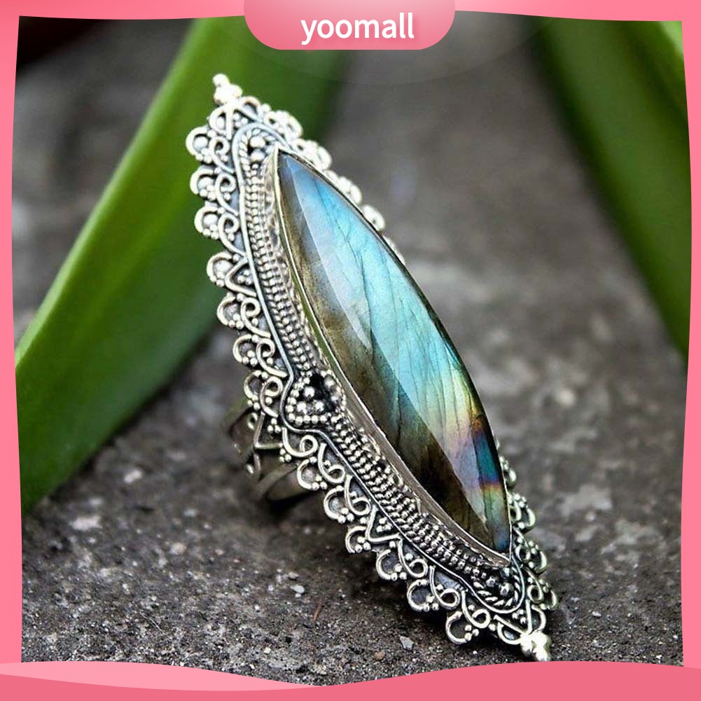 [YM] Nhẫn Khảm Đá Labradorite Giả Cổ Điển Làm Quà Tặng Trang Sức Cho Nữ