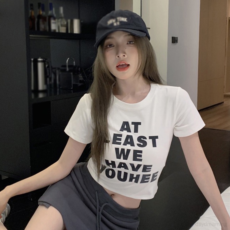 Áo Thun Croptop Tay Ngắn Cổ Tròn In Chữ Và Hình Chú Chó Dễ Thương Thời Trang Mùa Hè Phong Cách Hàn Quốc Cho Nữ