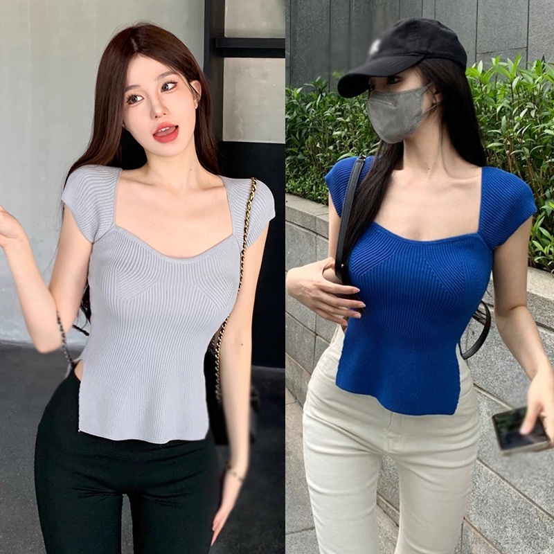 Áo Croptop Tay Ngắn Cổ Vuông Phong Cách Hàn Quốc Thời Trang Mùa Hè Cho Nữ