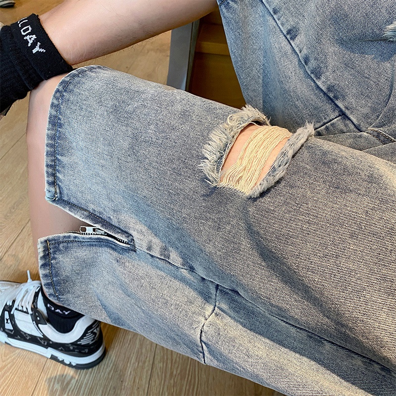 Quần Short Denim Dáng Rộng Rách Gối Phong Cách Đường Phố Mỹ Mùa Hè Cho Nam