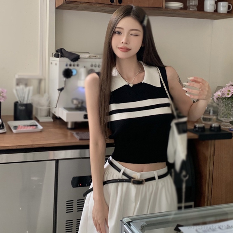 Áo Croptop Dệt Kim Sát Nách Cổ Bẻ Thời Trang Mùa Hè Hàn Quốc Cho Nữ