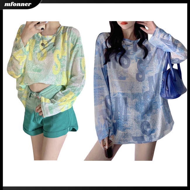 Áo Thun Tay Dài Cổ Tròn Dáng Rộng Vải Lụa Mát Thời Trang Mùa Hè Cho Nữ