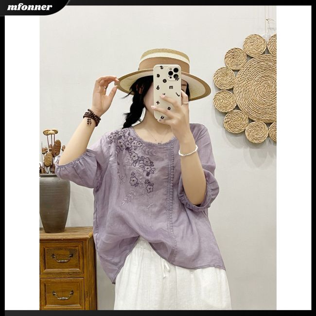 Áo Sơ Mi Cotton Lanh Mỏng Dáng Rộng Tay Ngắn Cổ Tròn Thêu Họa Tiết Kiểu Retro Thời Trang Mùa Hè Cho Nữ