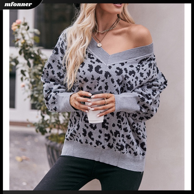 Áo Sweater Dệt Kim Trễ Vai Tay Dài Dáng Rộng In Họa Tiết Da Báo Cá Tính Cho Nữ
