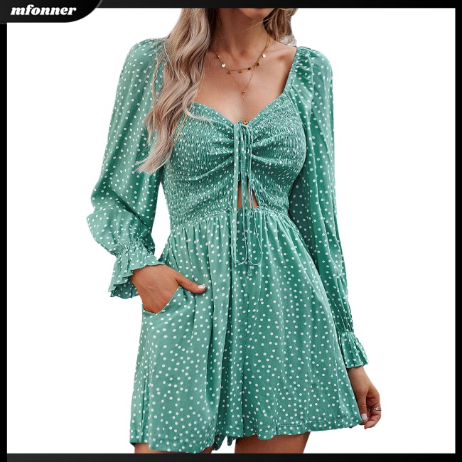 Bộ Áo Liền Quần Tay Dài Phồng In Họa Tiết Chấm Bi Thanh Lịch Cho Nữ