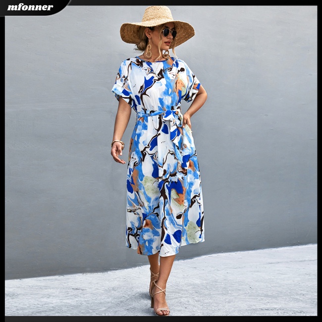 Đầm Dài Tay Ngắn Cổ Tròn Thắt Nơ Sau Lưng Họa Tiết Hoa Phong Cách Boho Cho Nữ