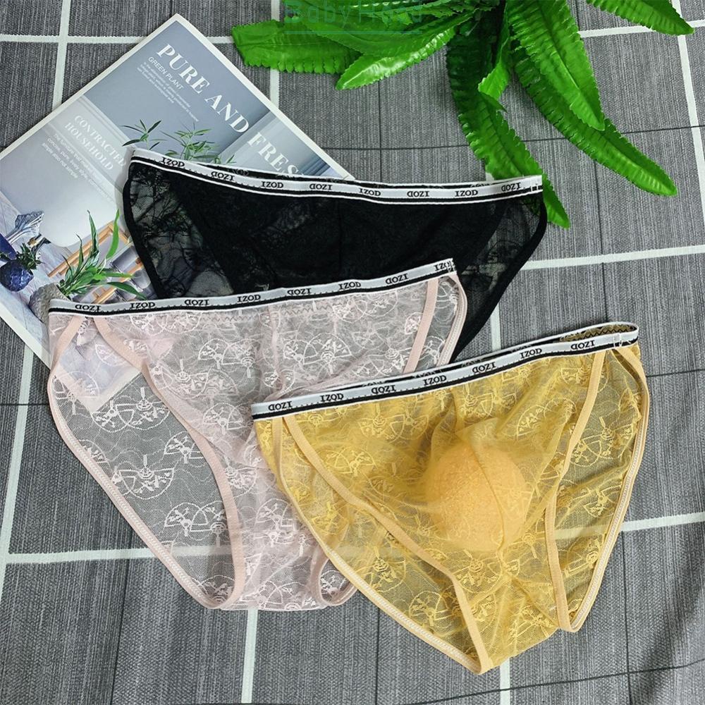Stylish Lace Men's Underwear Bikini Briefs Sissy Pouch Panties Thongs 2XL Yellow#BBHOOD
