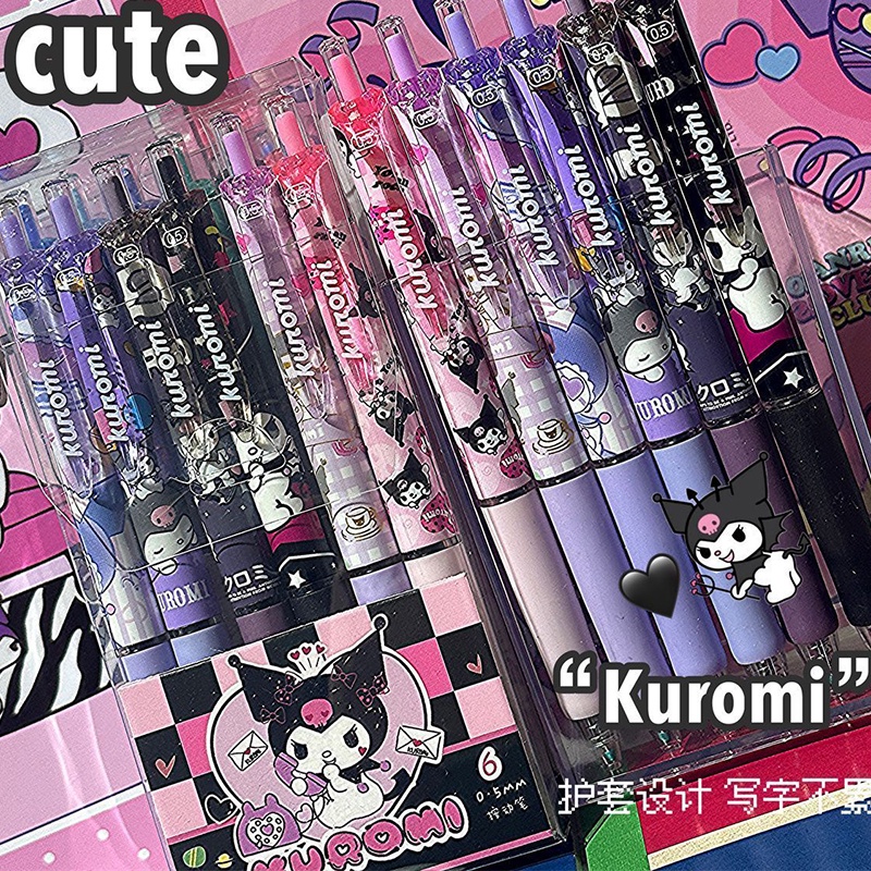 SANRIO Bộ 6 Bút Mực Nước Đen Ngòi St Hình Kuromi Hello Kitty Chất Lượng Cao