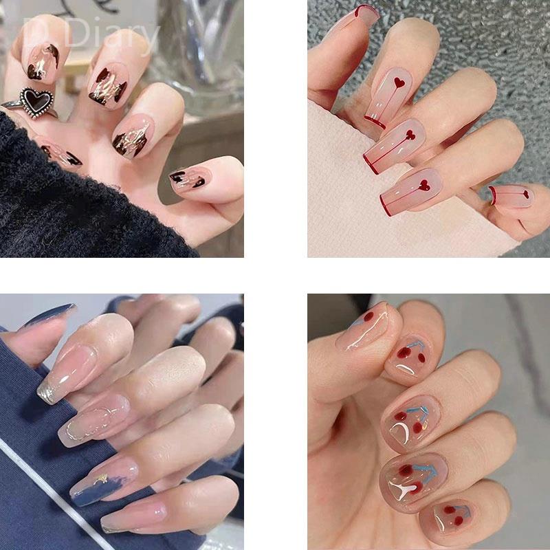 Bộ 24 Móng Tay Giả Ngắn Đính Kim Tuyến Màu Hồng Lấp Lánh Che Phủ Toàn Diện Kiểu Pháp