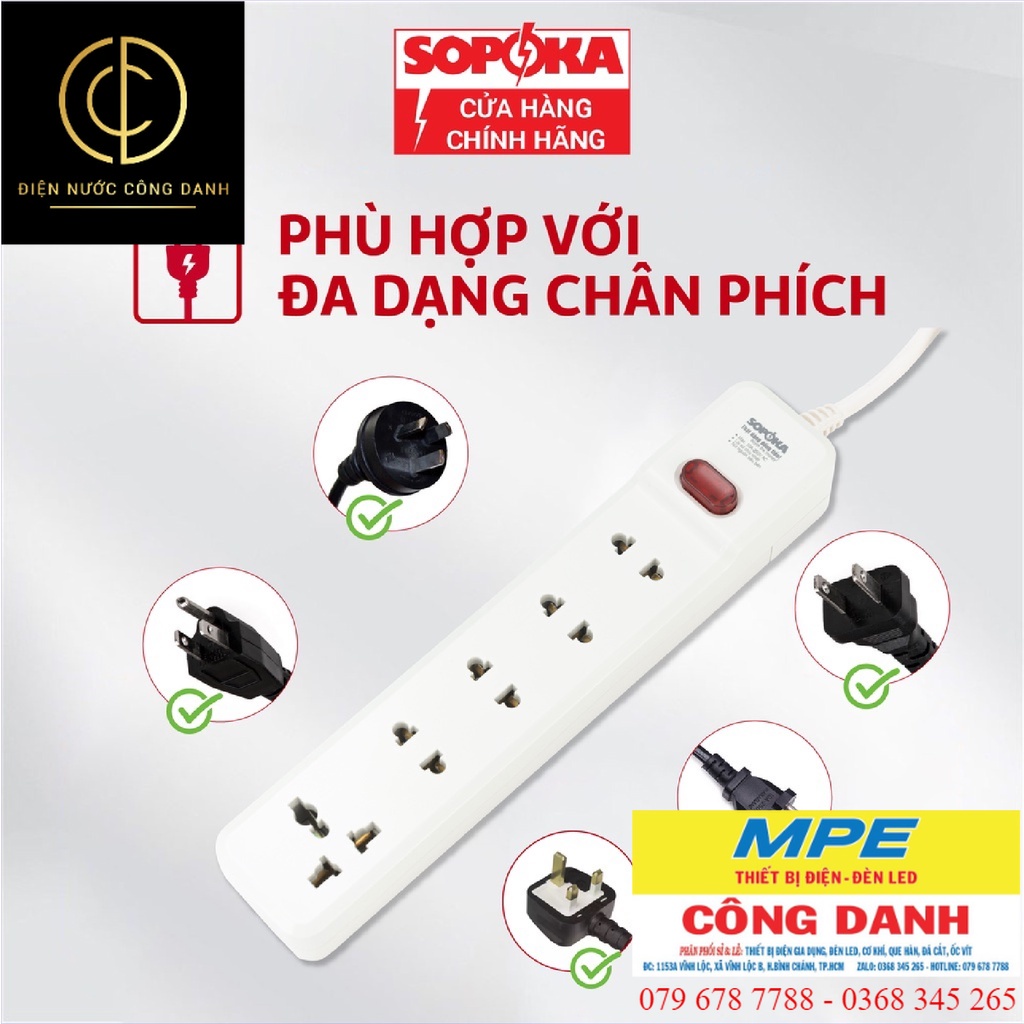 Ổ cắm điện, ổ cắm chịu tải 1200W SOPOKA 3M16M1 công tắc an toàn, bảo hành 24 tháng