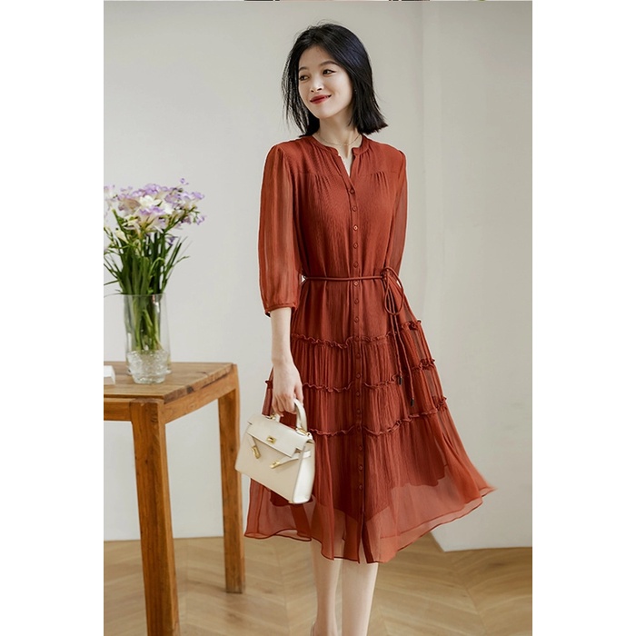 Đầm voan lụa dáng suông tay lỡ màu cam đất Xiny D291230