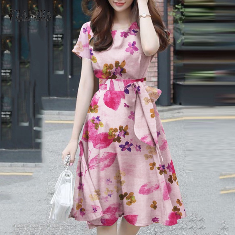 Zanzea Đầm Nữ Tay Ngắn In Hoa Phong Cách Hàn Quốc Thời Trang