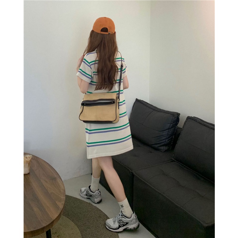 Đầm Dệt Kim Tay Ngắn Dáng Rộng Họa Tiết Kẻ Sọc Màu Sắc Tương Phản Thời Trang Mùa Hè