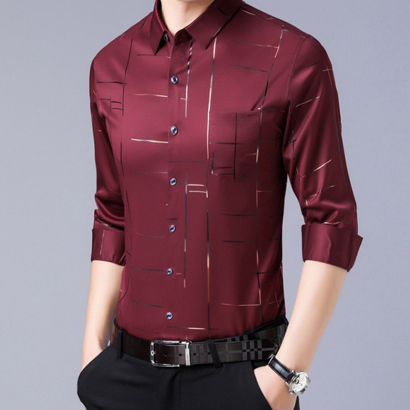 Áo Sơ Mi Lụa Lạnh Không Đường May Tay Ngắn Phối Túi Thời Trang Công Sở Cho Nam Giới