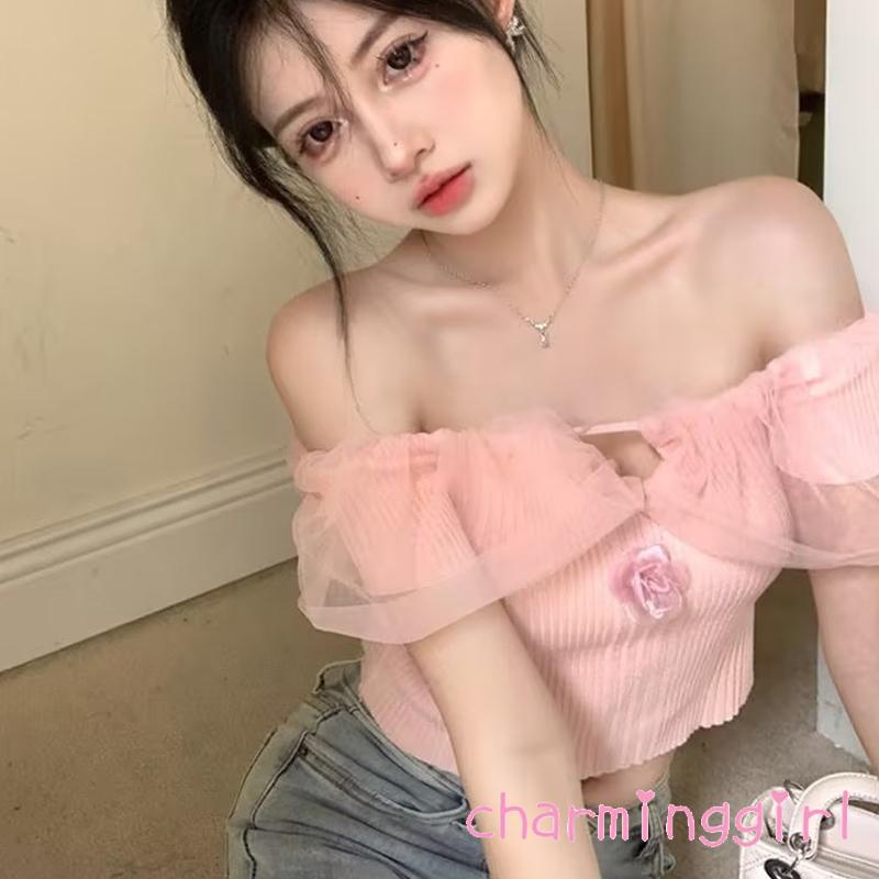 Áo Thun Dệt Kim Tay Ngắn Hở Vai Màu Trơn In Họa Tiết Hoa 3D Dành Cho Nữ