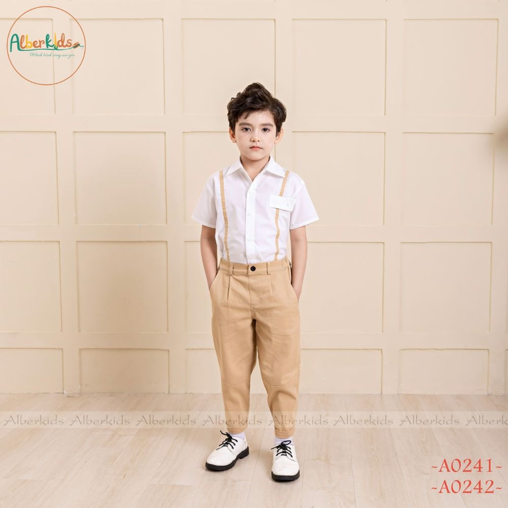 Sét đồ đi học bé trai ALBERKIDS áo phối dây vàng quần dài vàng be cho trẻ em 4,5,6,7,8,9,10,11,12 tuổi [A0241-A0242]