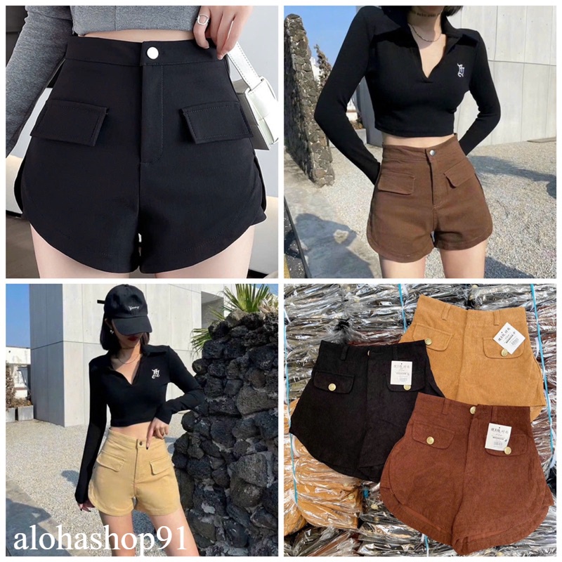 Quần đùi nhung lưng cao vạt bầu -uk alohashop91