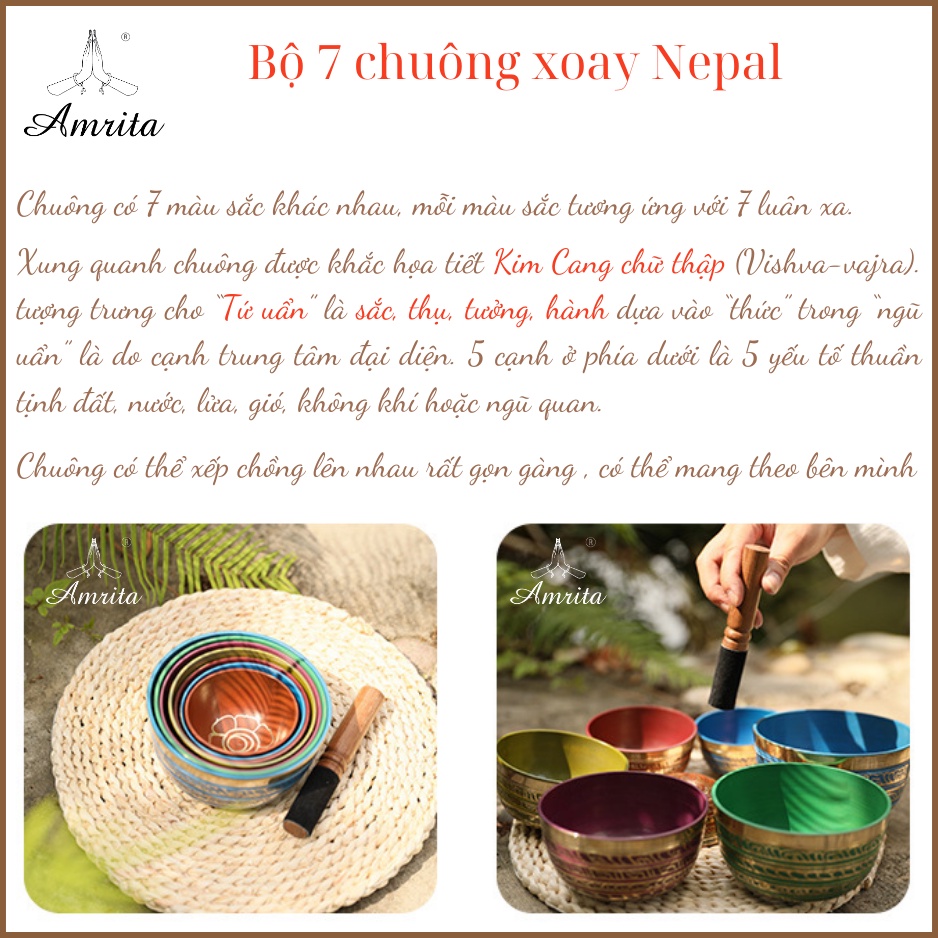 Bộ Chuông Xoay 7 Luân sa Nepal - Chuông xoay 7 màu 7 luân xa 7 nốt - titan bowl meditation- Singing bowls- Amrita