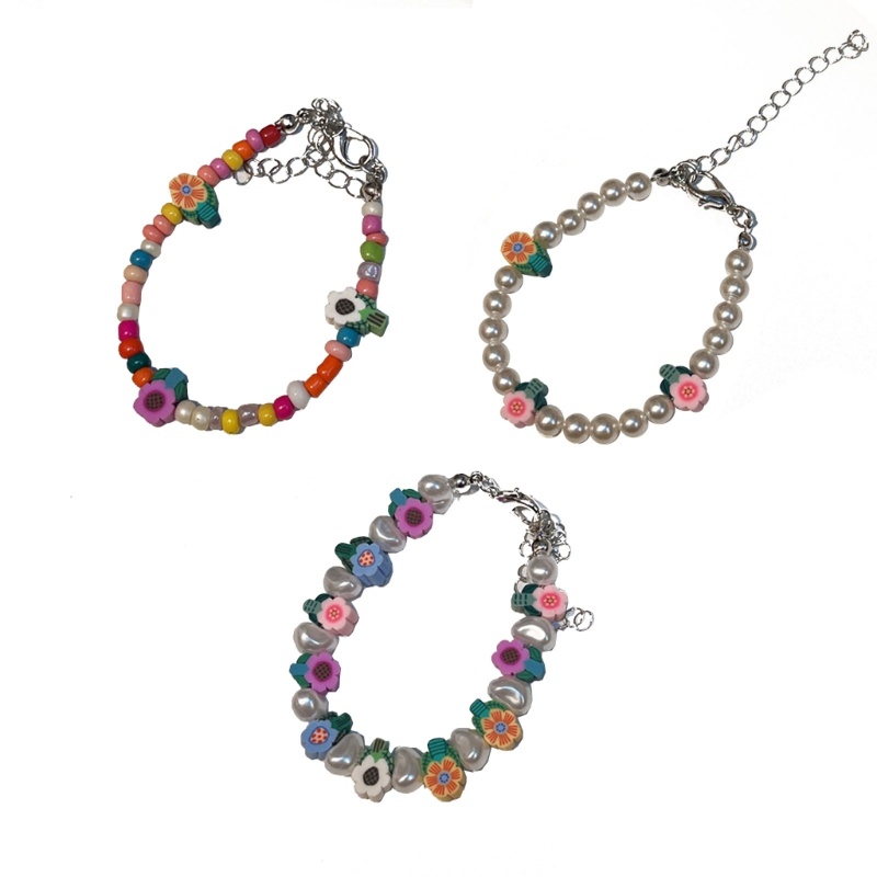 Vòng Đeo Tay Hạt Đất Sét Thủ Công Nhiều Màu Đính Hoa Và Ngọc Trai Cho Nữ
