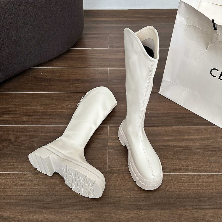 Giày Bốt Da PU Gót Vuông Mũi Tròn Thoáng Khí Thiết Kế Đơn Giản Hợp Thời Trang