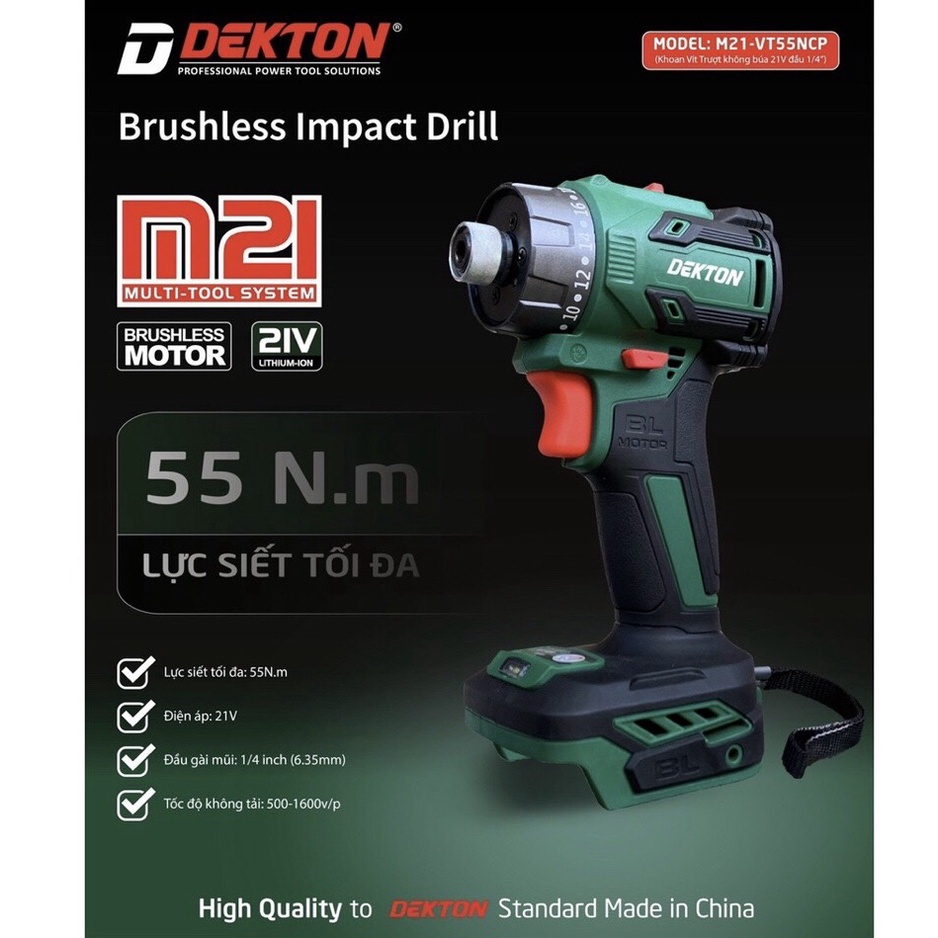 Máy Vặn Vít Trượt Dùng Pin /Dekton M21-VT55NCP / Không chổi than - Lực Siết 55Nm - Chân Pin Phổ Thông