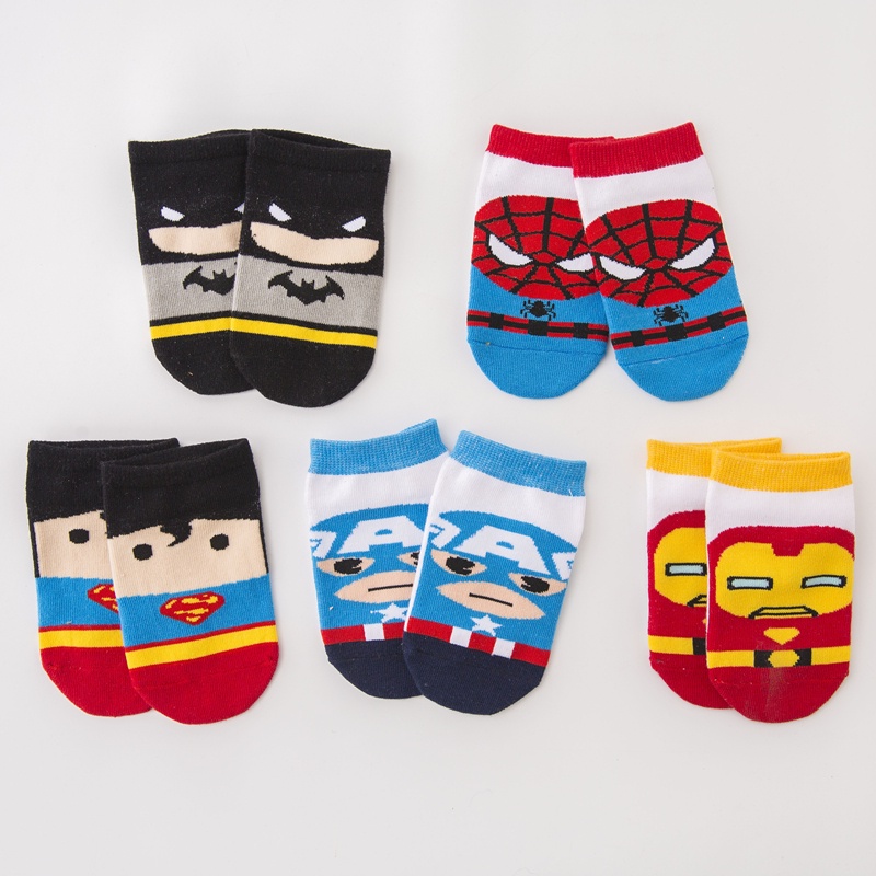 Set 5 Đôi Tất Cotton Mỏng Thoáng Khí In Hình Marvel / Người Sắt / Superman / Frozen 2 Cho Bé