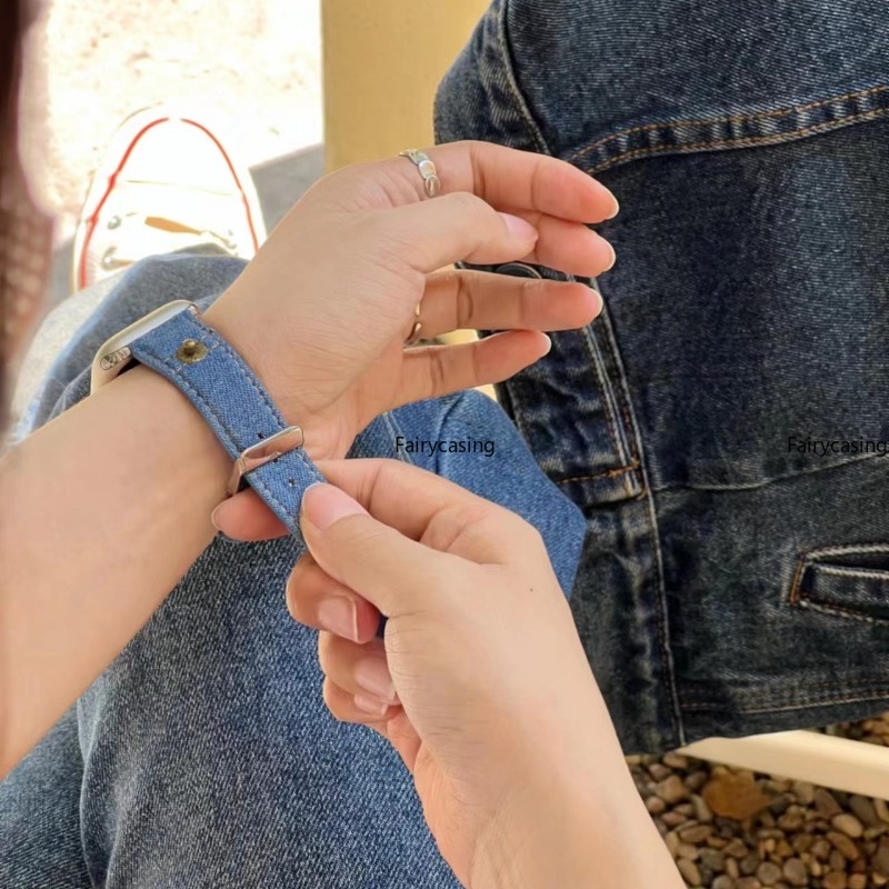 Dây Đeo Đồng Hồ Bằng Da Và Denim Cho iWatch Series 42mm 41mm 40mm 44mm 45mm 38mm 49mm Ultra 8 7 6 5 4 SE