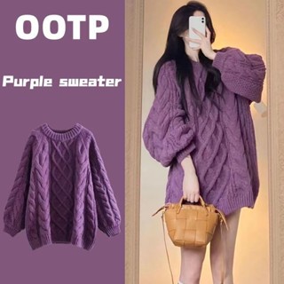 Áo Sweater Dệt Kim Cổ Tròn Màu Tím Phong Cách Hàn Quốc Cho Nữ