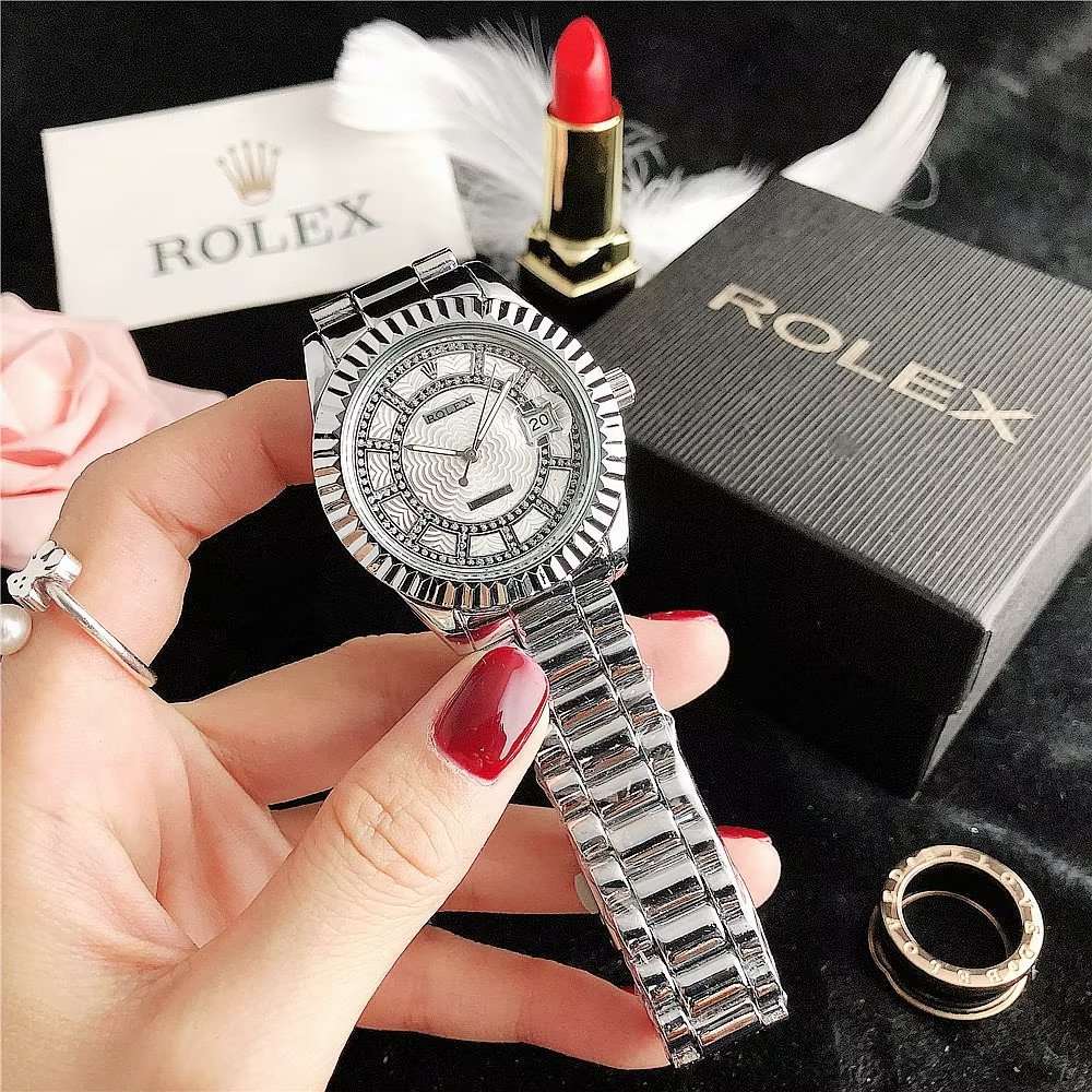 Đồng Hồ Rolex Mặt Tròn Đính Kim Cương Dây Da Thép Không Gỉ Thời Trang Cho Cặp Đôi