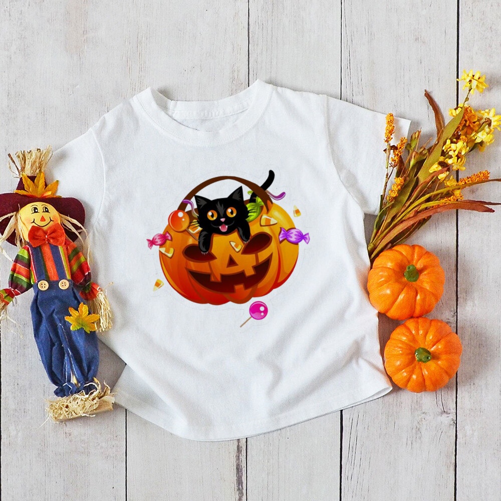 Halloween Bé Trai Bé Gái Áo Thun Tay Ngắn 1-12Y Bé Trai Bé Gái Trẻ Em Halloween Bí Ngô Áo Thun Cổ Tròn Mềm Mại Áo Thun Trẻ Em
