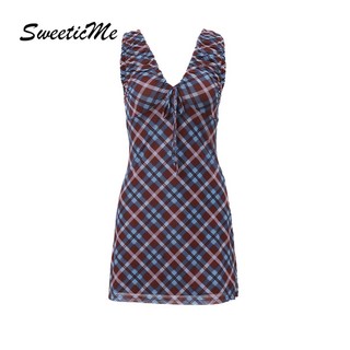 SweeticMe Nữ Thời Trang Mới Ca Rô Màu Sắc Tương Phản Cổ Chữ V Ôm Vừa Viền Đầm Ngắn Thường Ngày