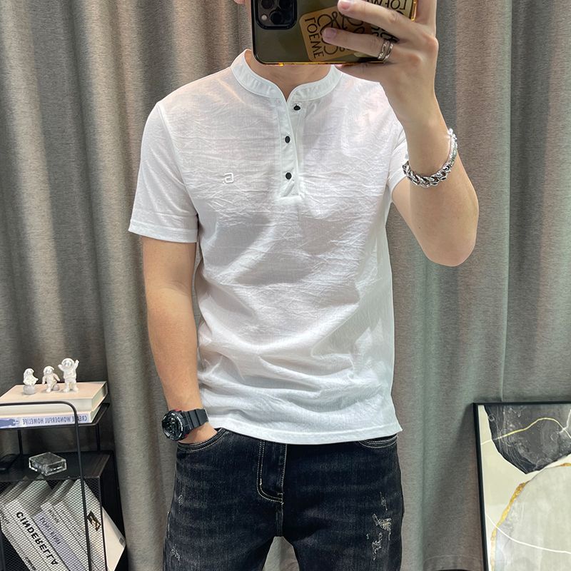 Áo Thun Polo Cotton Lanh Mỏng Ôm Dáng Cổ Đứng Tay Ngắn Phong Cách Hong Kong Cho Nam