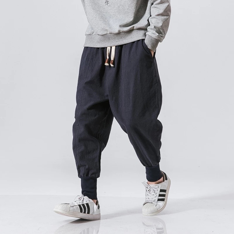 Quần Baggy Cotton Lanh Màu Trơn Lưng Thun Thời Trang Đường Phố Cho Nam