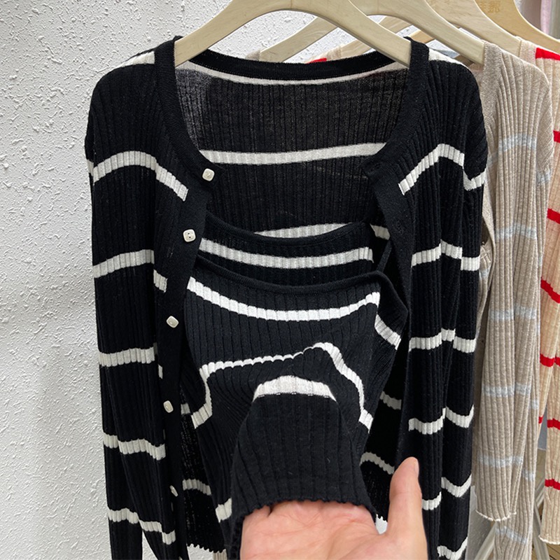 Brand cut label remove Cabinet spring clothes lazy style retro striped knitted cardigan women's design sense sling two-piece coat MC clothing XYXV