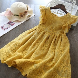 Nnjxd kids girl trắng vàng ren thêu quần áo mùa hè công chúa