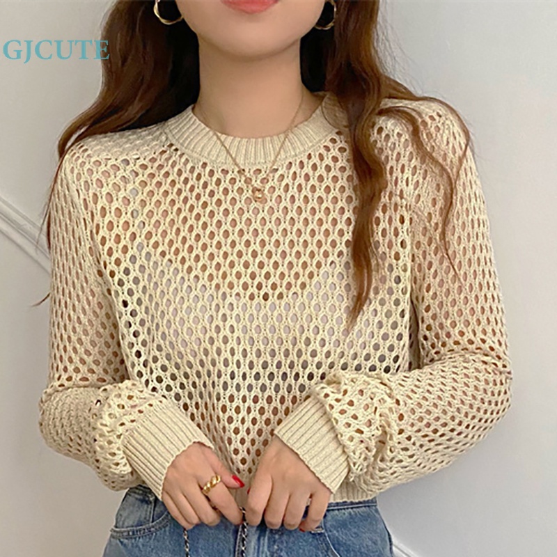 Gjcute phụ nữ mùa hè màu rắn cổ tròn rỗng ra dài tay áo đơn giản lỏng dệt kim hàng đầu wtd