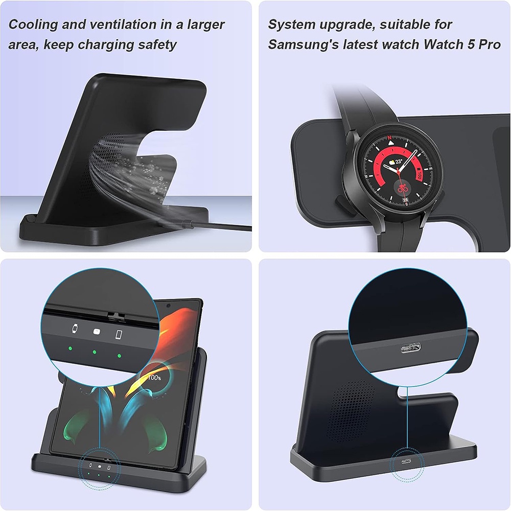 Đế Sạc Nhanh Không Dây 3 Trong 1 Cho samsung galaxy z flip 4 / 3 z fold s22 s20 ultra galaxy watch 5 / 4 / 3