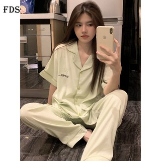 Đồ ngủ của phụ nữ mùa xuân mùa hè mỏng màu sắc đơn giản phong cách hàn quốc giản dị tay áo ngắn quần dài bộ đồ mặc nhà