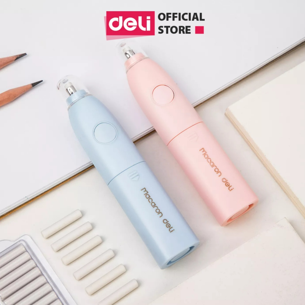 Tẩy điện kèm quạt Deli - Có lõi gôm thay thế - Tẩy sạch, trơn tru, ít vụn và không mòn giấy - Học sinh, dân văn phòng