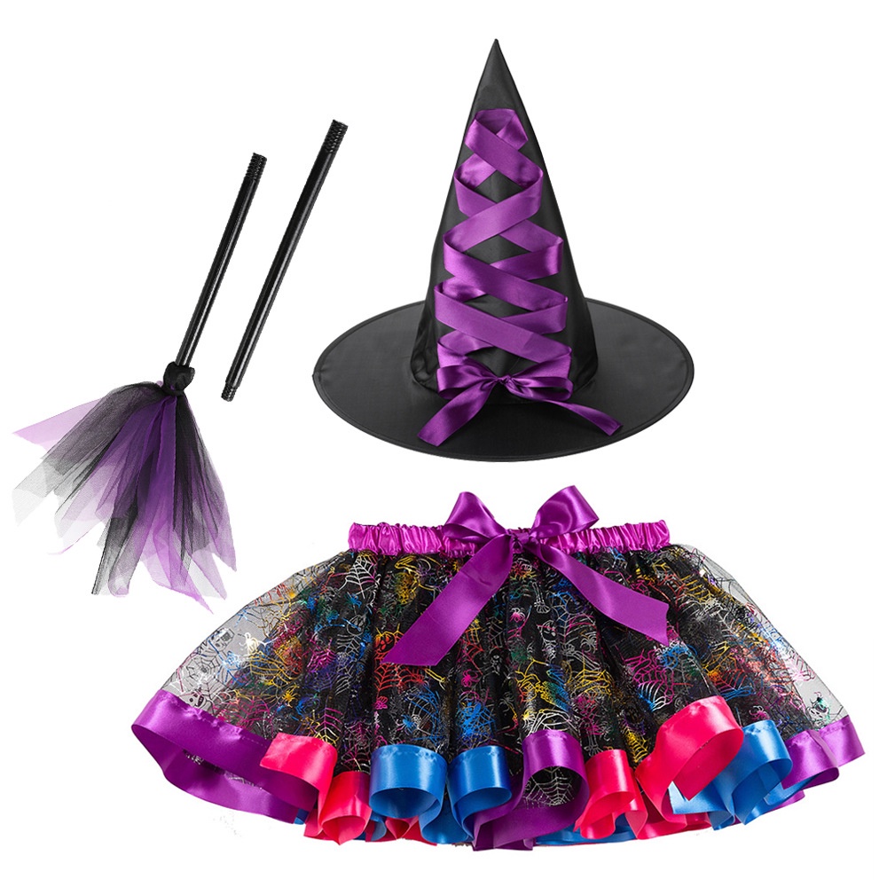 Bộ Trang Phục Hóa Trang Phù Thủy halloween Gồm Mũ + Chân Váy tutu + Cây Quét Cho Bé Gái 2-8 Tuổi