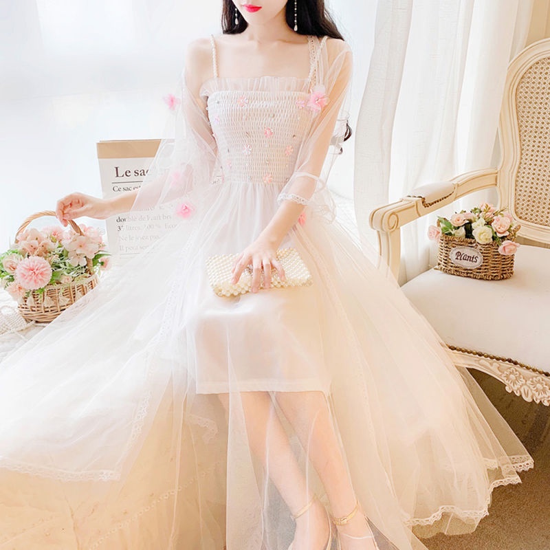 Set Đầm Hoa Hai Dây + Áo Khoác cardigan Chống Nắng Thời Trang Mùa Hè Cho Nữ