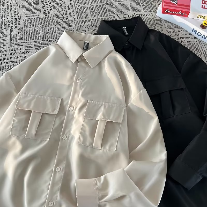 Phong cách hàn quốc người đàn ông thời trang xu hướng giản dị áo sơ mi có túi lớn unisex áo sơ mi dài tay quá khổ