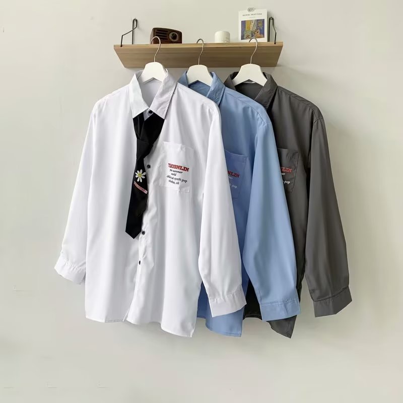 Real shot new tide brand solid color simple everything fashion couple văn học cổ vuông tính khí phong cách lười biếng xu hướng phong cách đại học nam phiên bản hàn quốc cà vạt áo sơ mi dài tay
