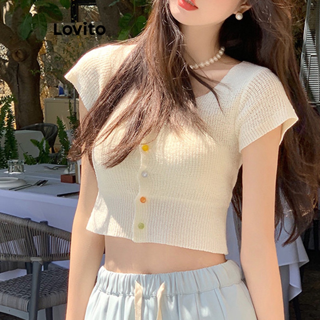 Lovito Áo dệt kim phía trước trơn thông thường cho nữ LNE19125 (Tắt Trắng/Xanh dương)