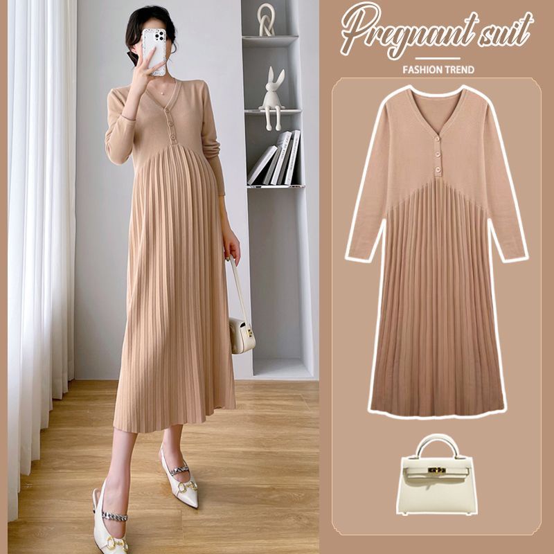 Đầm bầu đầm bầu đầm bầu đầm bầu đầm bầu thai sản đầm dài tay áo bà bầu đầm bầu mùa thu đầm bầu đầm dệt kim dài v-cổ tính khí thu đông áo len phụ nữ che bụng thời trang