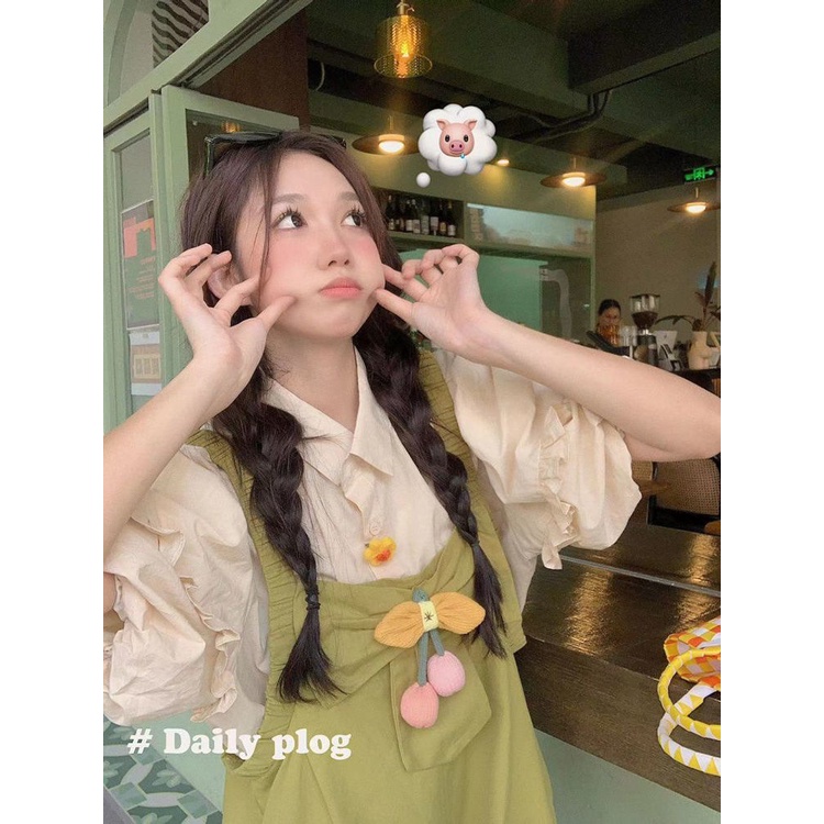 2023 summer new style loose short-sleeved shirt top + korean version fashion green suspenders