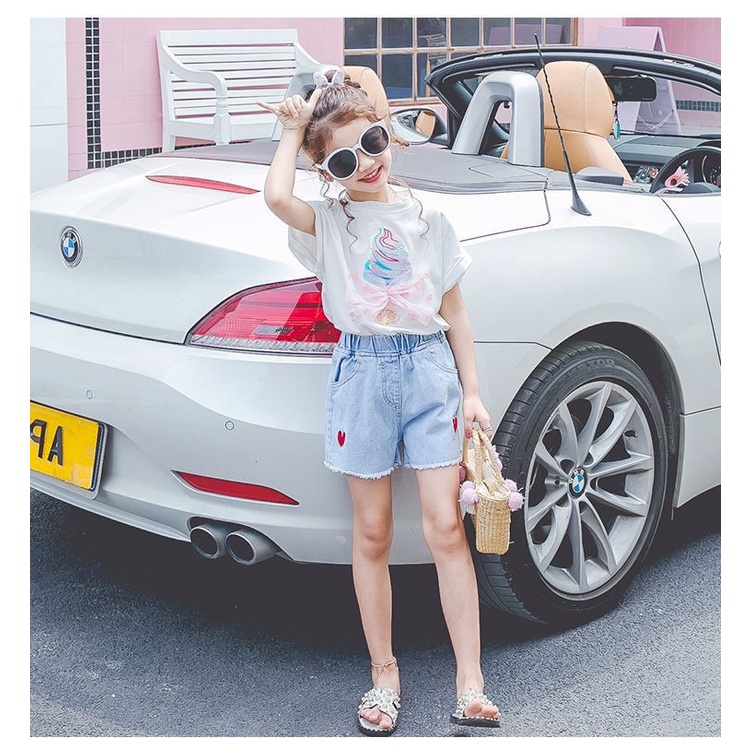 Tương phản màu ren t-shirt cô gái t-shirt mỏng phong cách hàn quốc thoáng khí thấm hút mồ hôi quần áo trẻ em